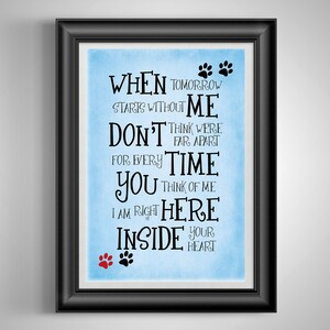 Poem with Paw Prints When Tomorrow Starts Without Me Quote Bereavement Print Sympathy Loss of Loved One Dog Pet Death Unframed Blue