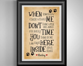 Impresión de cita de poema personalizado Regalo conmemorativo para mascotas Muerte de un ser querido Simpatía por el perro Muerte Duelo Huellas de patas Personalizado Sin marco