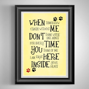 Poem with Paw Prints When Tomorrow Starts Without Me Quote Bereavement Print Sympathy Loss of Loved One Dog Pet Death Unframed Yellow