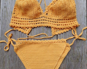Gehäkelter Strand-Bikini in gelb 70s 70er