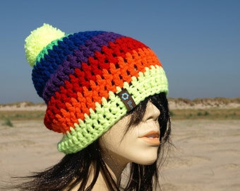 Crochet hat "Rainbow" Neon with bobble Rainbow