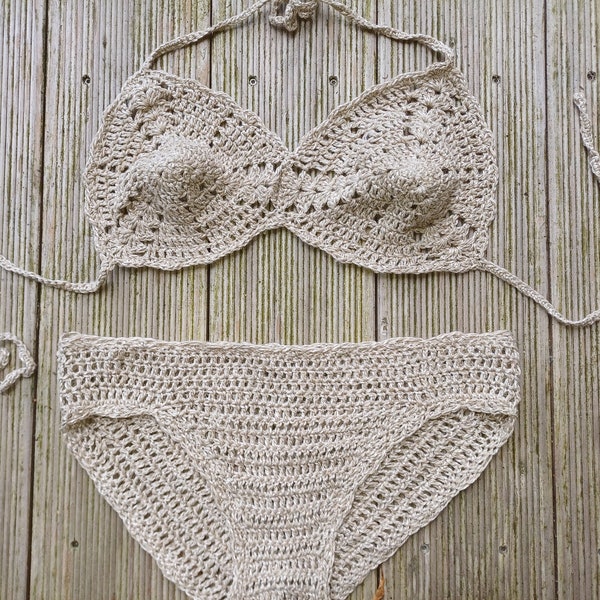 Gehäkelter Strand-Bikini in beige 70s 70er