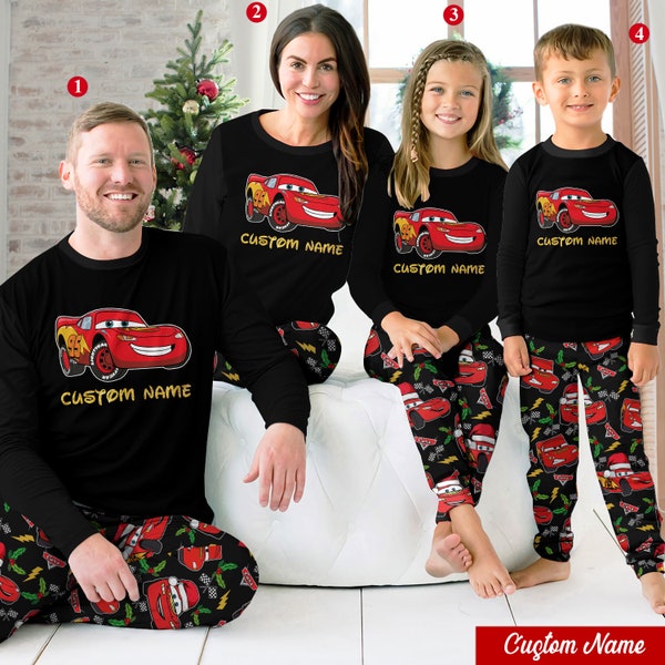 Pyjama familial personnalisé, ensemble de pyjamas familiaux assortis de voiture de dessin animé Ddisney, pyjamas de Noël Disneyy, cadeau de Noël pour la famille