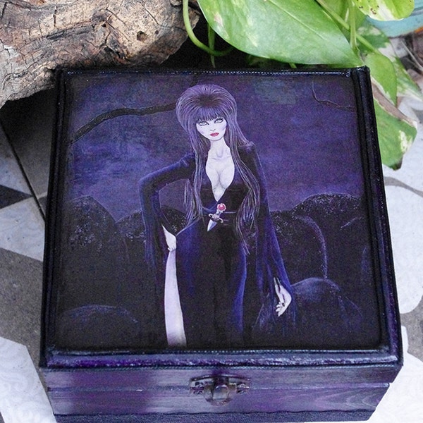 Hand decorated wooden box. Elvira, mistress of the dark. Hand painted and decorated. Gothic box with Cassandra Peterson character decoration