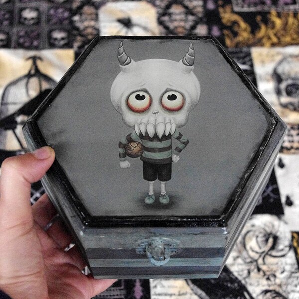 Hand decorated wooden box. Creepy cute Leopold the demon boy. Hand painted and decorated. Gothic box with own illustration decoration. 