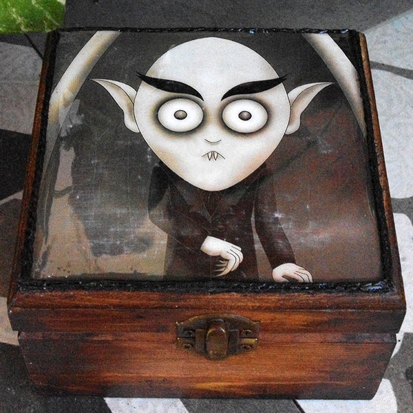 Gothic style little wooden box. Count Orlok, Nosferatu. Decoupage and hand painted. Jewelry box. 