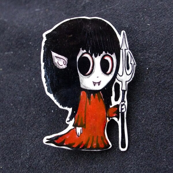 RESERVED - Devil cute girl brooch. FREE SHIPPING. Hand painted pin. Shrink Plastic brooch