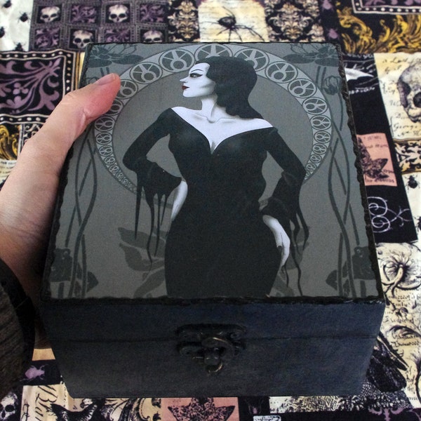 Morticia Addams box. Wooden jewelry box. Goth decoration.