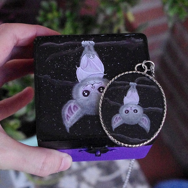 Cameo and jewelry box: Creepy cute white bat - Hand painted box and decorated with decoupage technique