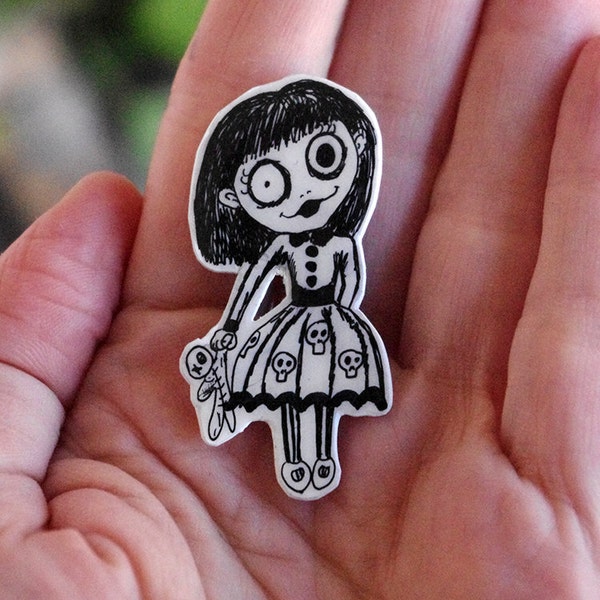 Creepy cute goth girl pin. Hand painted pin. Shrink Plastic brooch