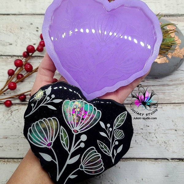 4.75 inch Floral Heart Coaster Silicone Mold for Resin casting