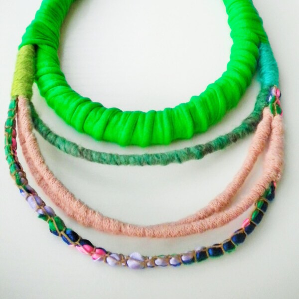 Ethnic Tribal necklace, colorful layered necklace, Fabric jewelry, boho textile necklace, unique colorful necklace, gift ideas, woman