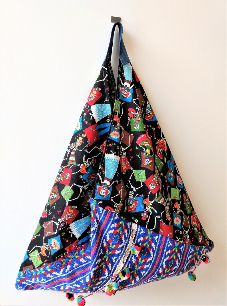 Summer tote bag origami bento bag pom pom fabric Mexican | Etsy