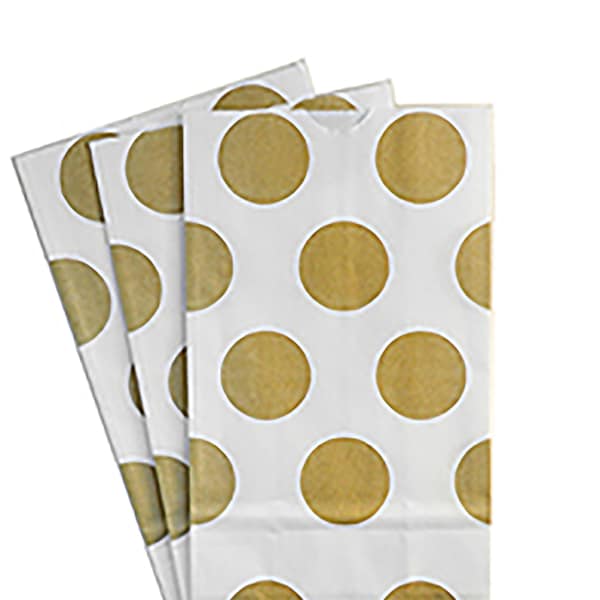 Gold Dot Paper Bags, Wedding Favor Bags, Treat Bags, Party Favor Bags, Goodie Bags, Gusseted Bags, 25 pcs 4-1/4 x 2-3/8 x 8-3/16"