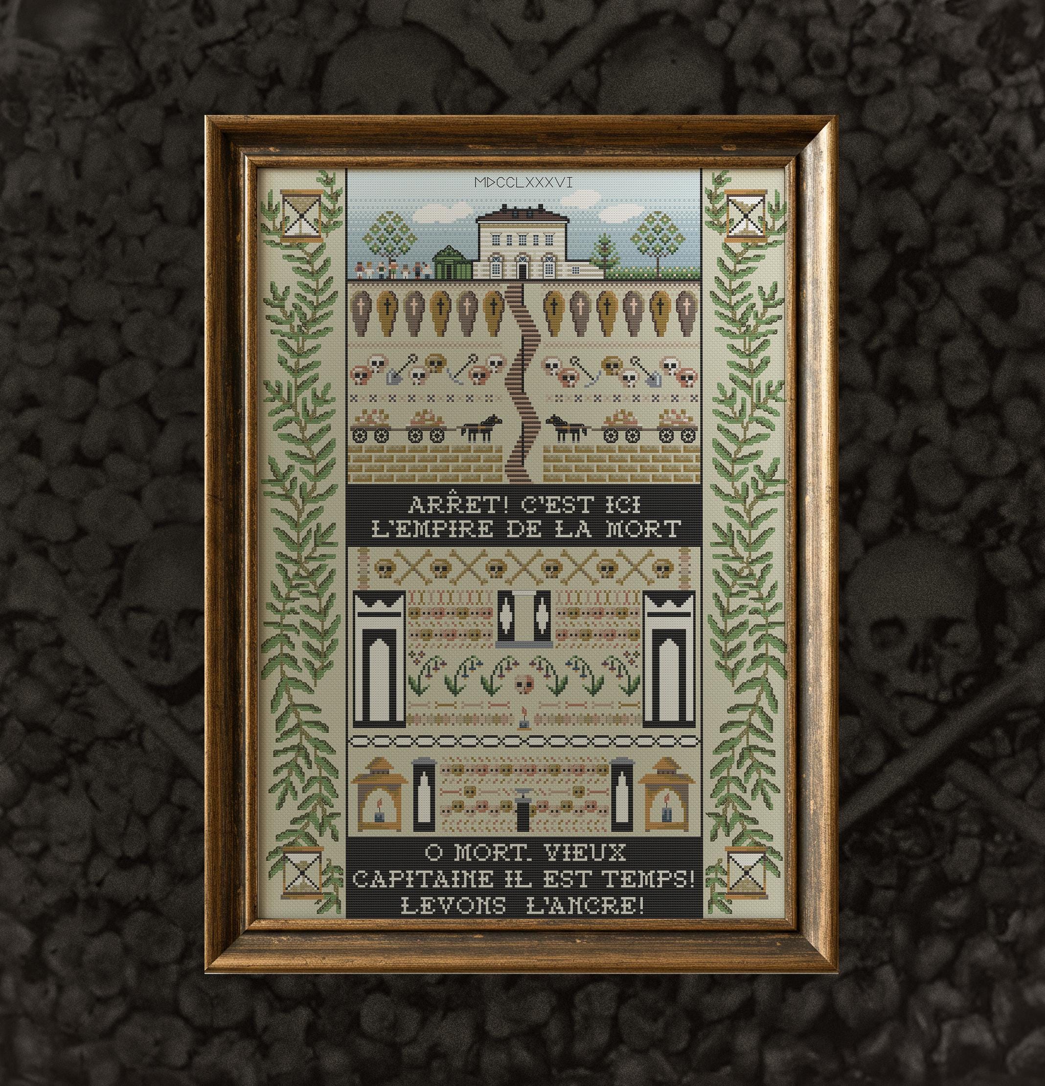Paris Catacombs Sampler — PDF Cross Stitch Pattern. A digital embroidery pattern stitched for the bones beneath.