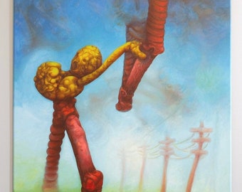Large Blue Oil Painting, 30" x 40", Surreal Art, Power Lines, Clouds, Spiritual