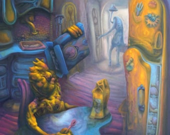 May include: Surrealist painting depicting a yellow figure seated at a blue table, holding a spoon. A blue figure stands in the background. The scene is set in a room with abstract, organic shapes and a yellow refrigerator.