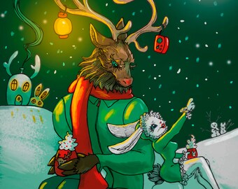 Reindeer and Arctic Hare - Folded Note Card For Winter and Christmas