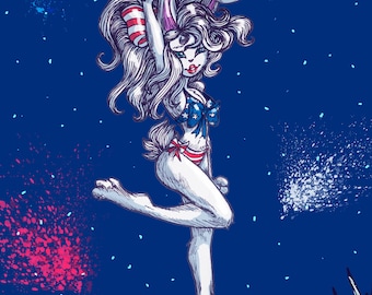 Fireworks on the Beach - Cute Bunny Girl Art Print