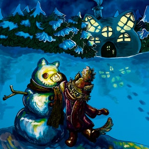 Süßes Kätzchen in einer Winternacht - Kunstdruck