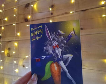 New Year's Eve Bunny - Folded New Year's Greeting Card