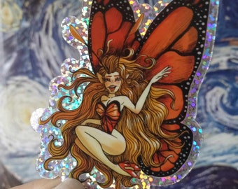 Monarch Butterfly Girl - Glitter Sticker