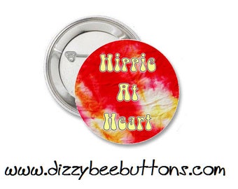 Hippie at Heart- Pinback Button - Magnet - Keychain - New Age - Peace - 60's Style - Summer of Love - Yoga - Bohemian - Flower Power - Zen
