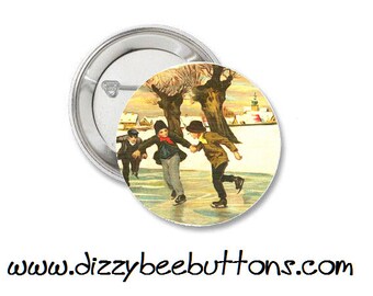 Children Skating Vintage Christmas Art- Postcard - Pinback Button - Magnet - Keychain - Stocking Stuffer - vintage design - ice skating