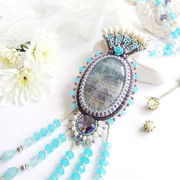 Art nouveau style jewelry blue purple fluorite necklace pendant with pearls seed beads embroidery blue fringe renaissance victorian wedding