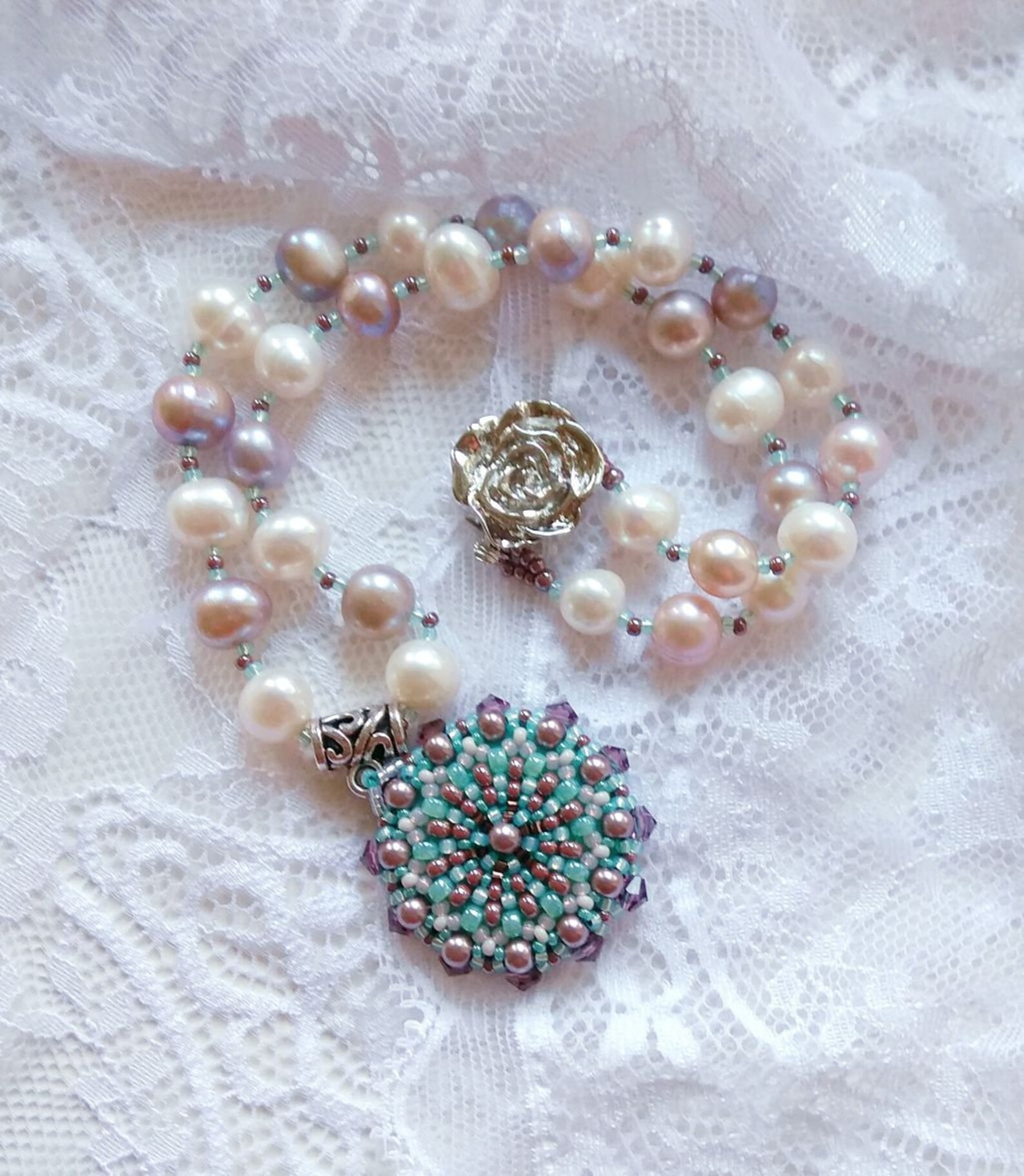Beadwork Jewelry Set With Pearls Bridal Jewelry Pink Mint Wedding