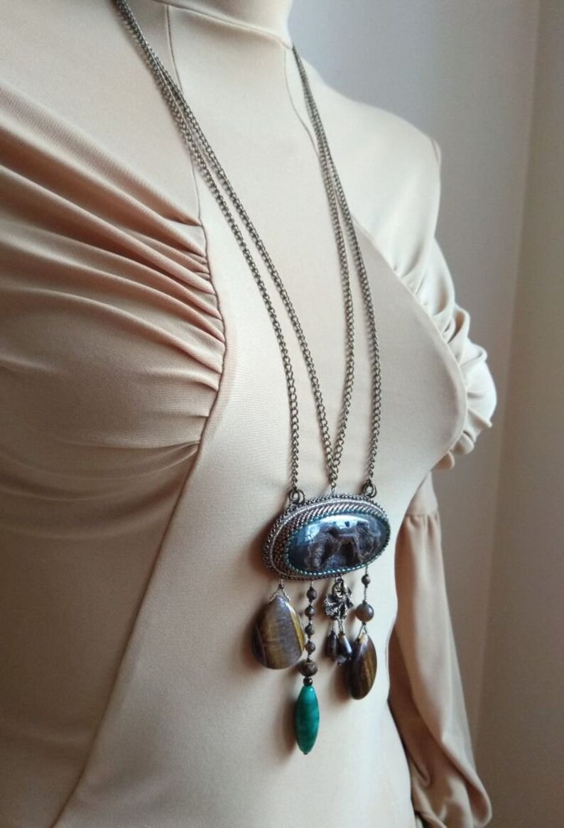 Bead embroidered necklace with gemstones mixed long brown boho tribal necklace statement necklace big unique simbircite geode druzy jewelry