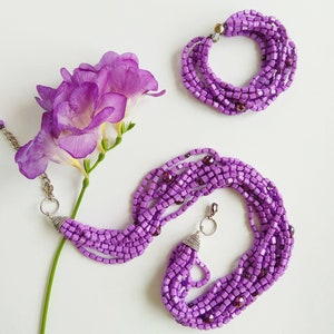 Purple Lilac jewelry set modern beaded jewelry set multi strand necklace bracelet chunky jewelry for women gift bohemian style ultra violet image 5