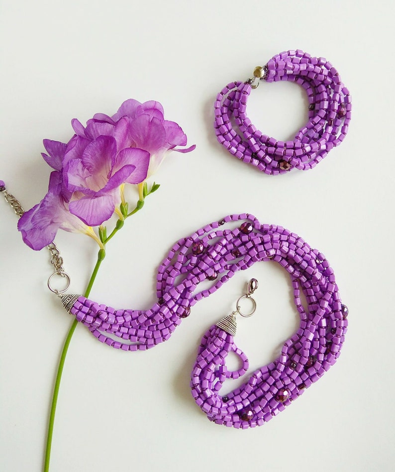 Purple Lilac jewelry set modern beaded jewelry set multi strand necklace bracelet chunky jewelry for women gift bohemian style ultra violet image 5