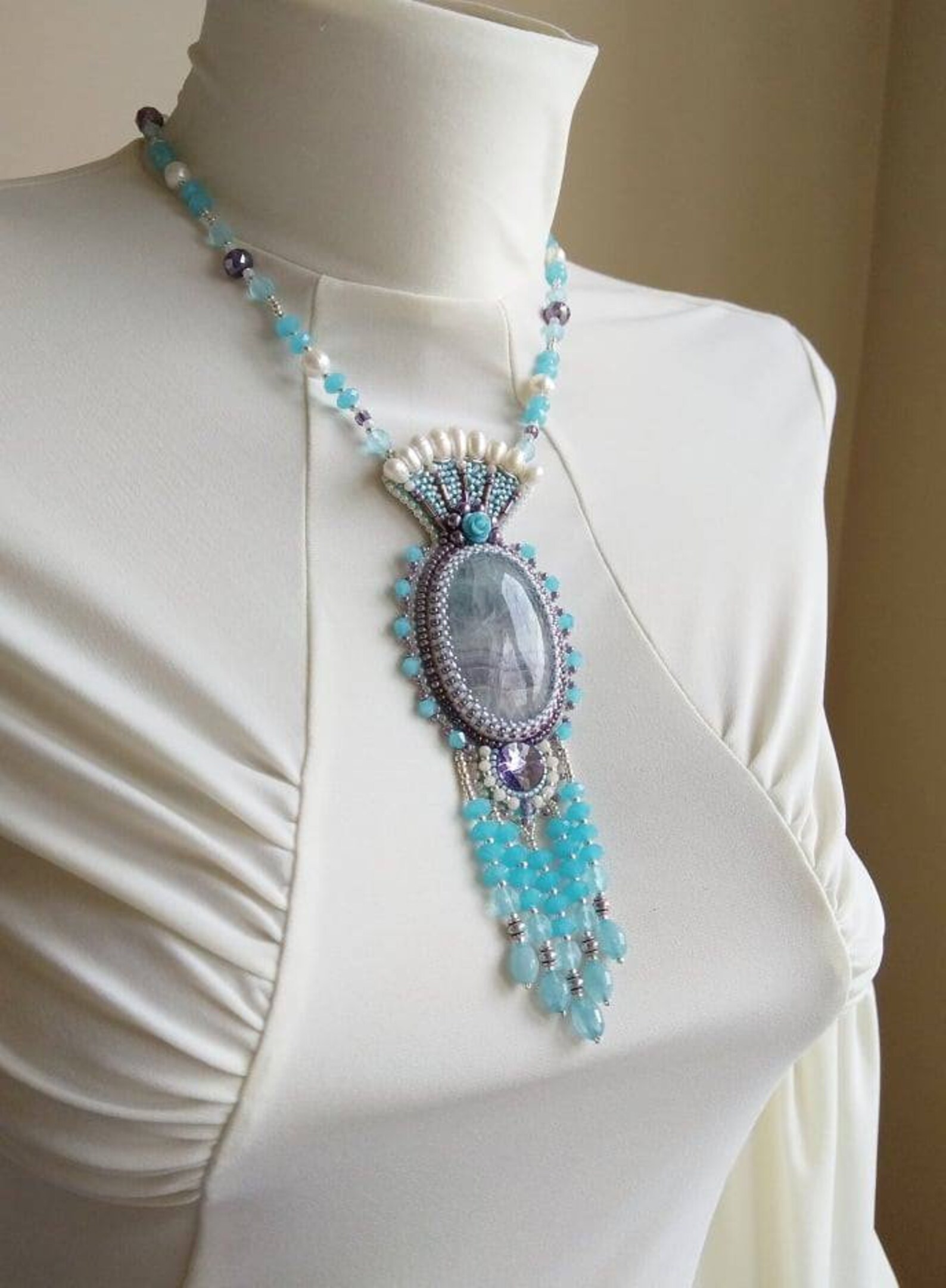 Art Nouveau Style Jewelry Blue Purple Fluorite Necklace Pendant With Pearls Seed Beads