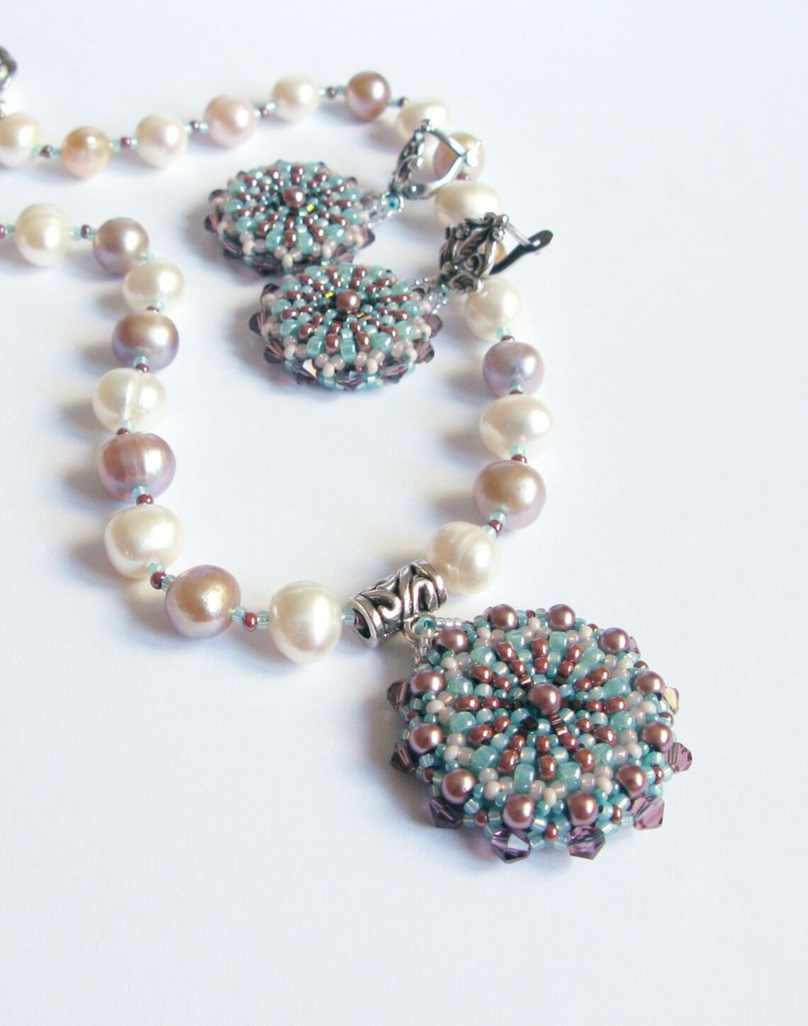 Beadwork Jewelry Set With Pearls Bridal Jewelry Pink Mint - Etsy