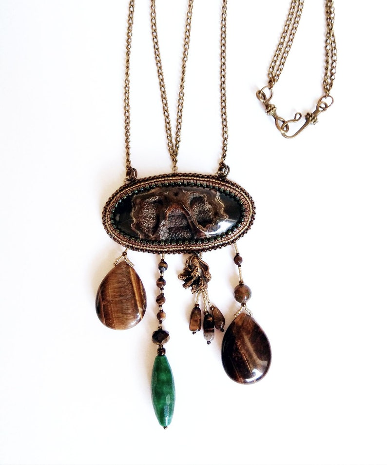 Bead embroidered necklace with gemstones mixed long brown boho tribal necklace statement necklace big unique simbircite geode druzy jewelry