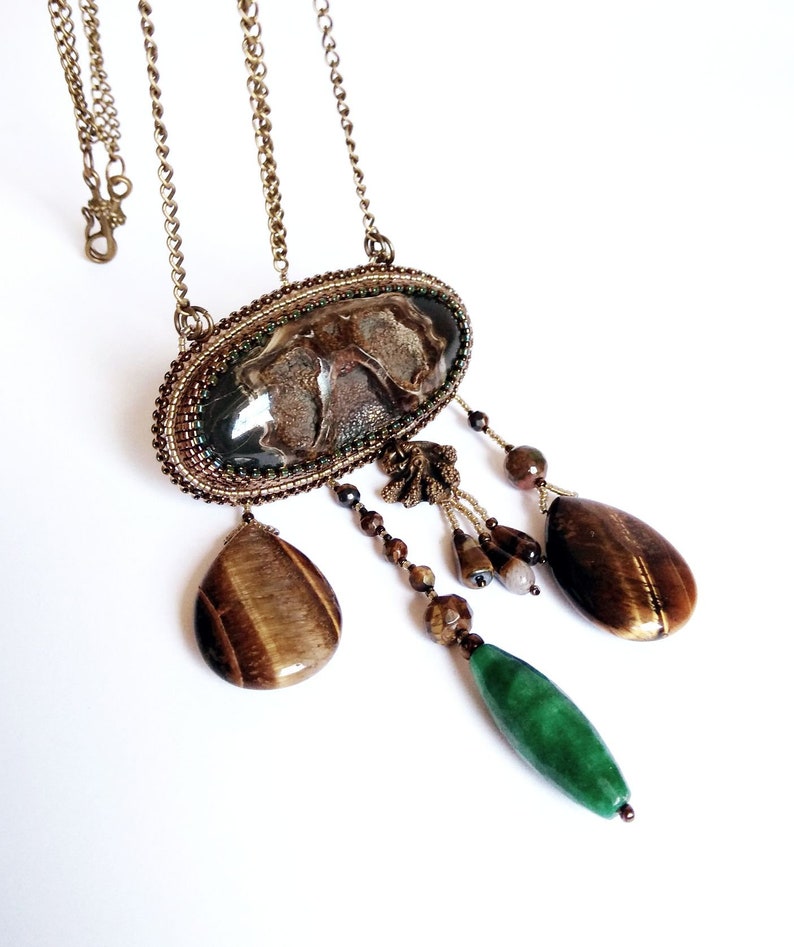 Bead embroidered necklace with gemstones mixed long brown boho tribal necklace statement necklace big unique simbircite geode druzy jewelry