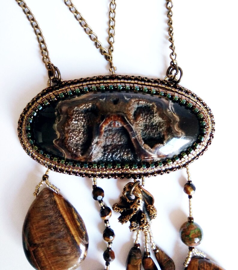 Bead embroidered necklace with gemstones mixed long brown boho tribal necklace statement necklace big unique simbircite geode druzy jewelry