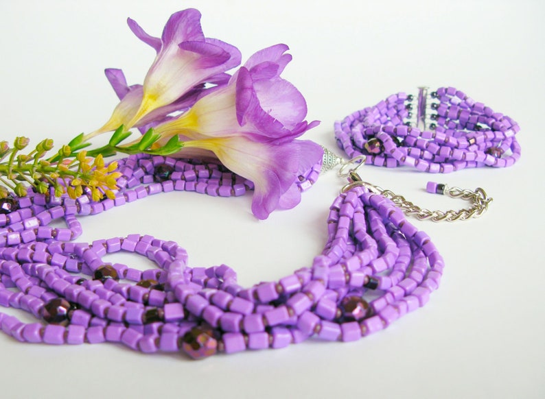 Purple Lilac jewelry set modern beaded jewelry set multi strand necklace bracelet chunky jewelry for women gift bohemian style ultra violet image 1