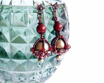 Elegant red earrings beaded ear studs big pearl earrings anniversary gift shine evening jewelry renaissance victorian baroque style earrings