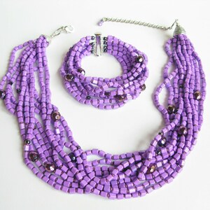 Purple Lilac jewelry set modern beaded jewelry set multi strand necklace bracelet chunky jewelry for women gift bohemian style ultra violet image 2