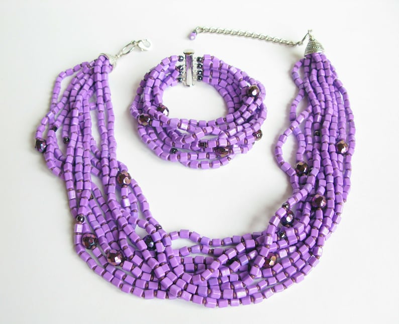 Purple Lilac jewelry set modern beaded jewelry set multi strand necklace bracelet chunky jewelry for women gift bohemian style ultra violet image 2