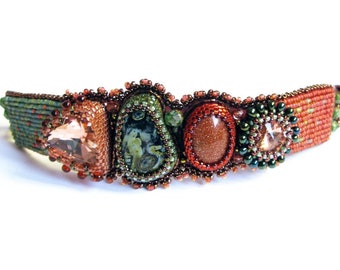 Green orange cuff bracelet beadwork statement handcrafted jewelry stylish original women beaded bangle contemporary modern bead embroidery