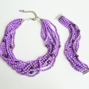 Purple Lilac jewelry set modern beaded jewelry set multi strand necklace bracelet chunky jewelry for women gift bohemian style ultra violet image 3