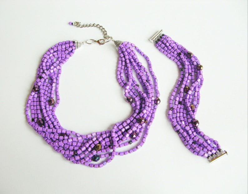Purple Lilac jewelry set modern beaded jewelry set multi strand necklace bracelet chunky jewelry for women gift bohemian style ultra violet image 3