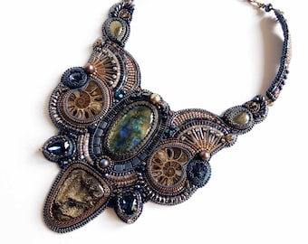 Unique gemstones necklace exclusive labradorite ammonite necklace bead embroidery modern bib necklace art nouveau jewelry large bib necklace