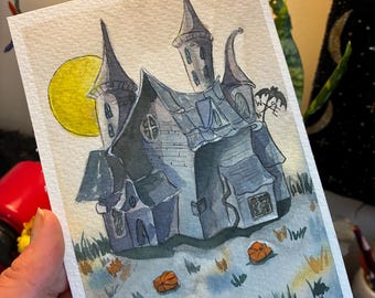 Haunted house in watercolor and ink