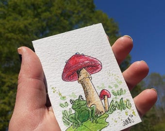 2.5in x 3.5in watercolor frog & mushroom