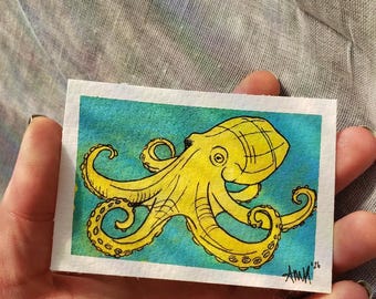 2.5in x 3.5in gouache painting and ink Octopus