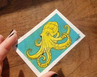2.5in x 3.5in gouache painting and ink Octopus